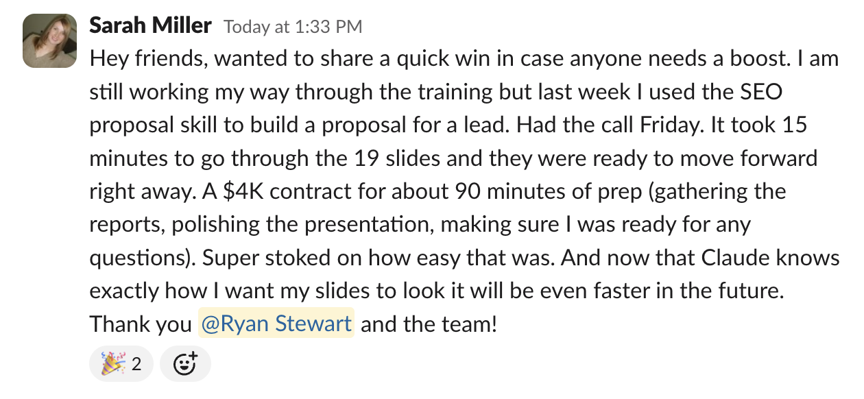 Sarah Miller - $4K contract closed using Blueprint SEO proposal skill